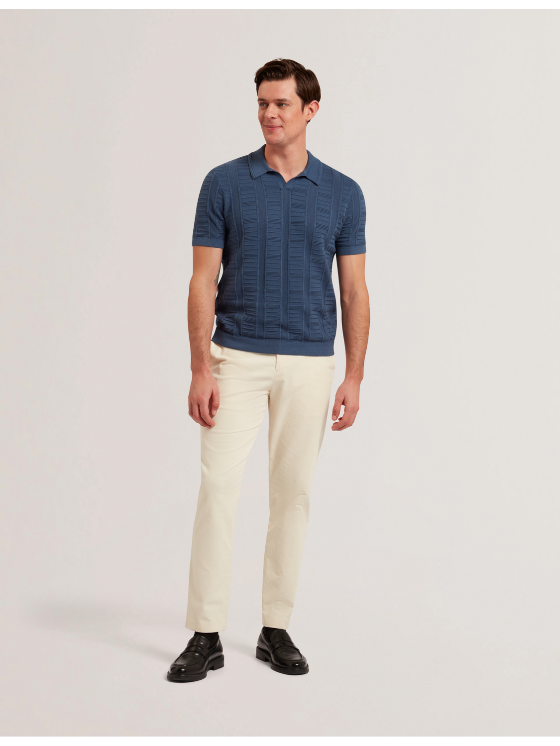 Men RUZZA - Textured Stripe Open Neck Knitted Polo Shirt - Ted Baker