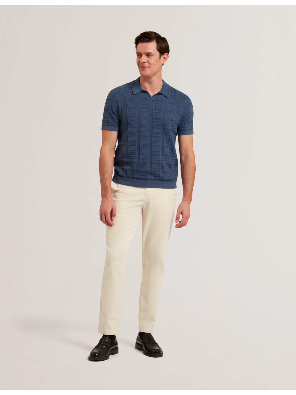 Men RUZZA - Textured Stripe Open Neck Knitted Polo Shirt - Ted Baker