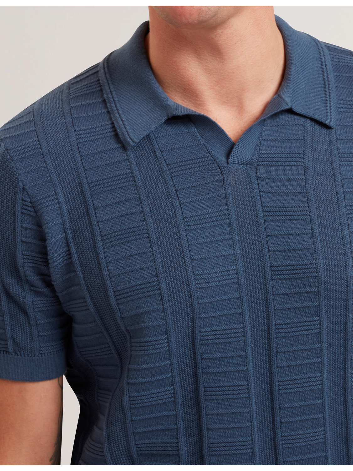 Men RUZZA - Textured Stripe Open Neck Knitted Polo Shirt - Ted Baker