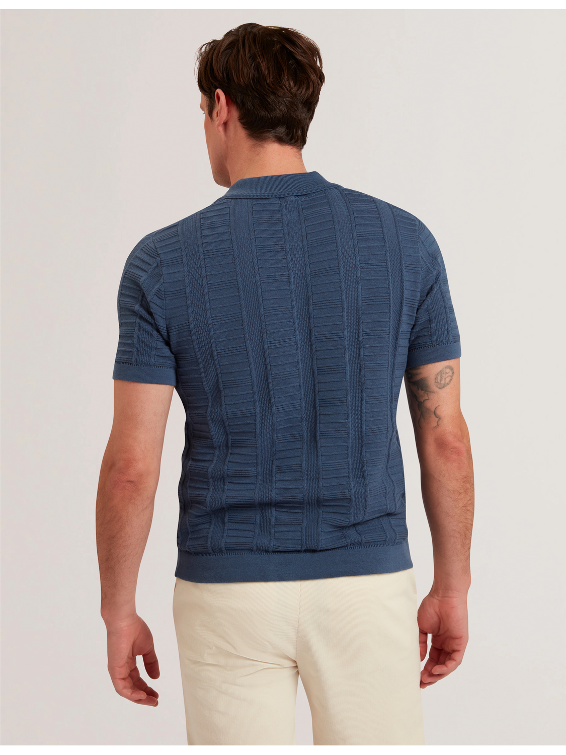 Men RUZZA - Textured Stripe Open Neck Knitted Polo Shirt - Ted Baker