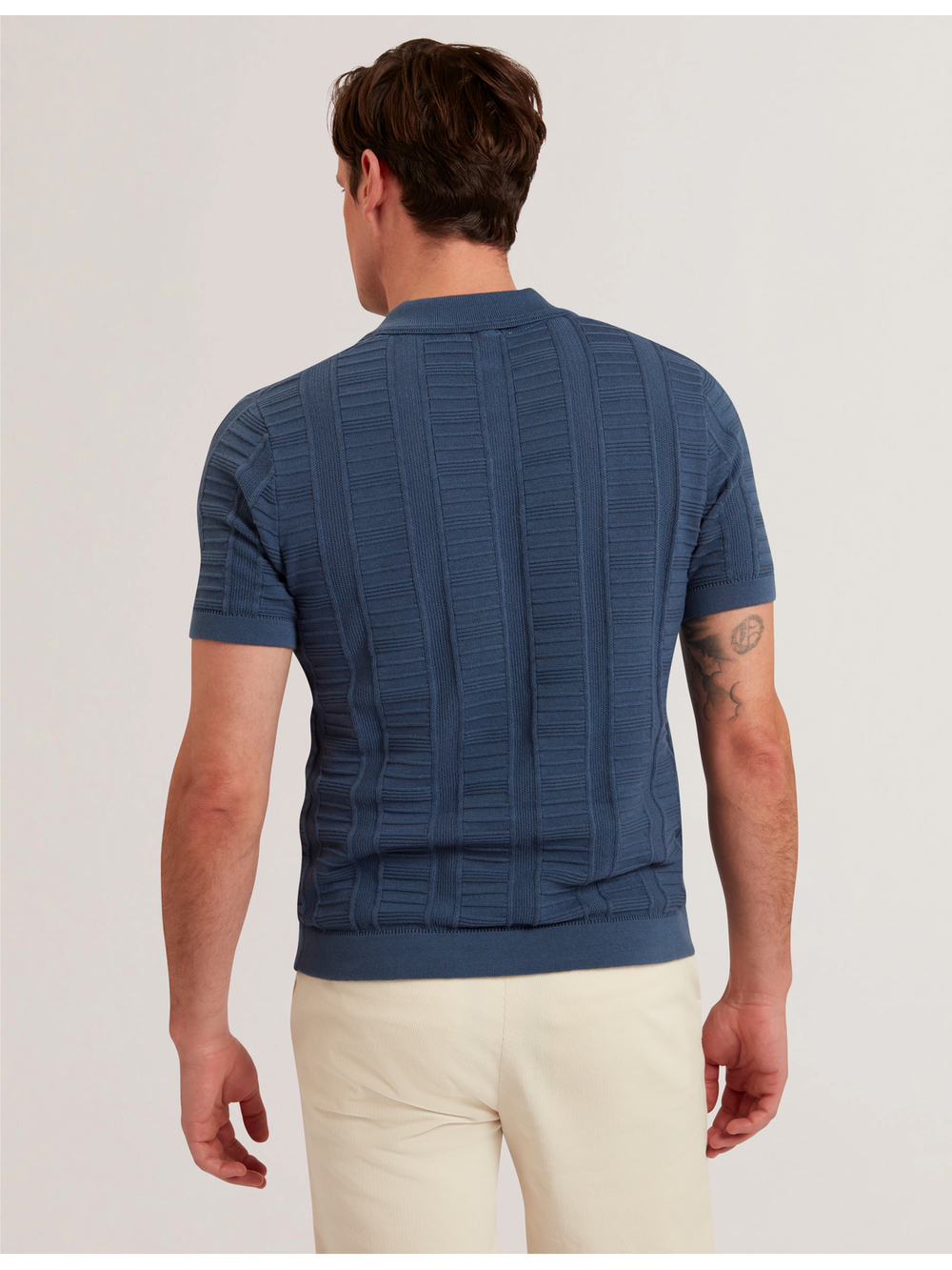 Men RUZZA - Textured Stripe Open Neck Knitted Polo Shirt - Ted Baker