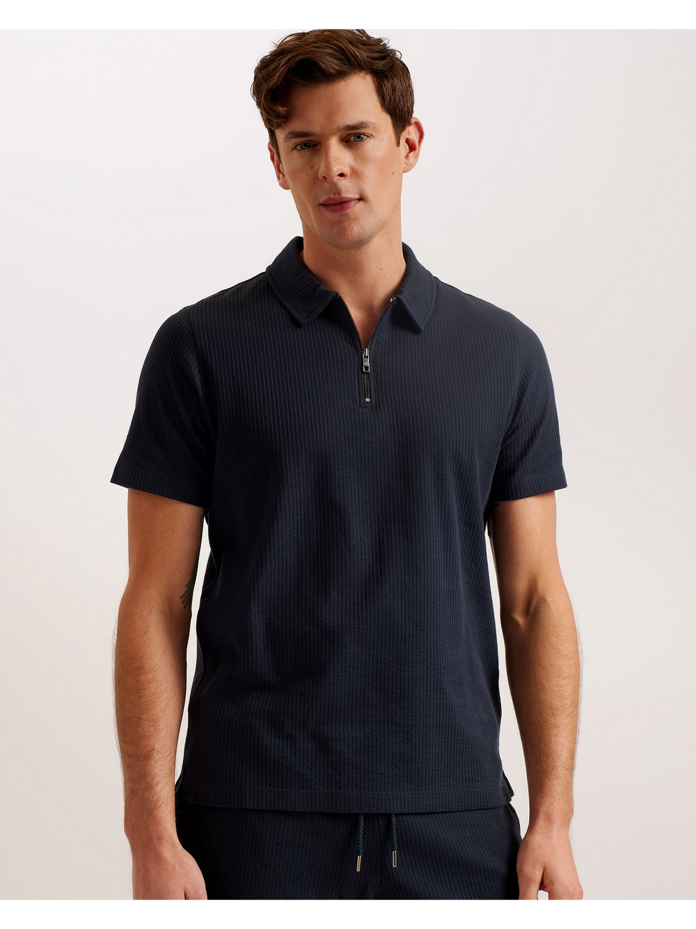 Men ZARKES - Ribbed Texture Zip Neck Cotton Polo Shirt - Ted Baker