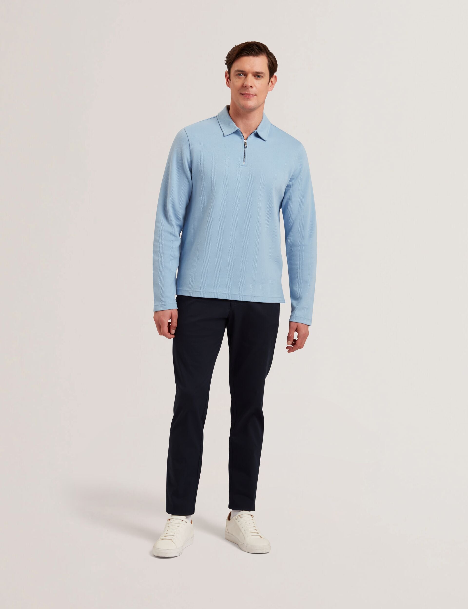 Men KALEND - Herringbone Zip Neck Long Sleeve Polo Shirt - Ted Baker
