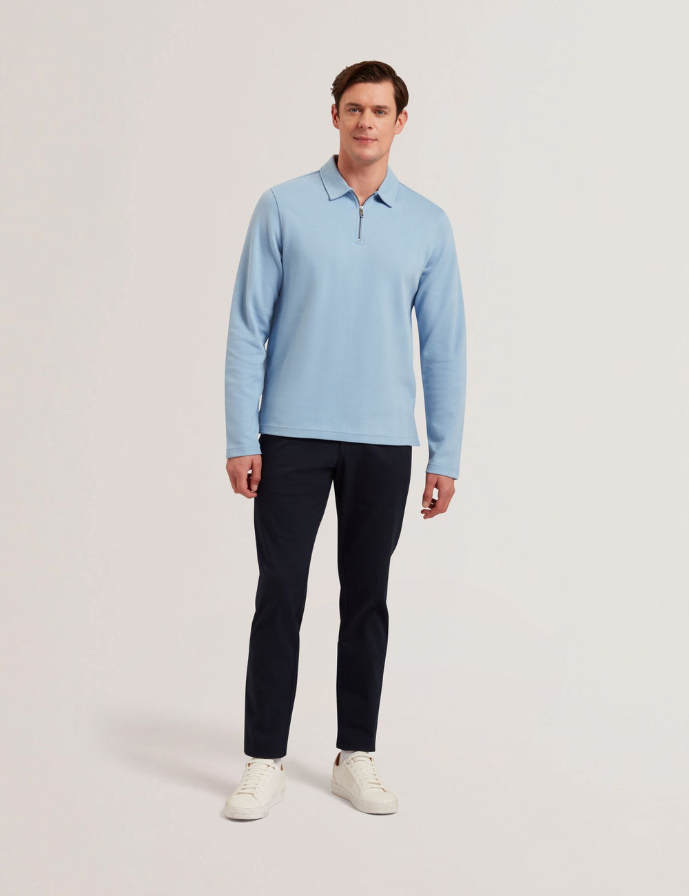 Men KALEND - Herringbone Zip Neck Long Sleeve Polo Shirt - Ted Baker