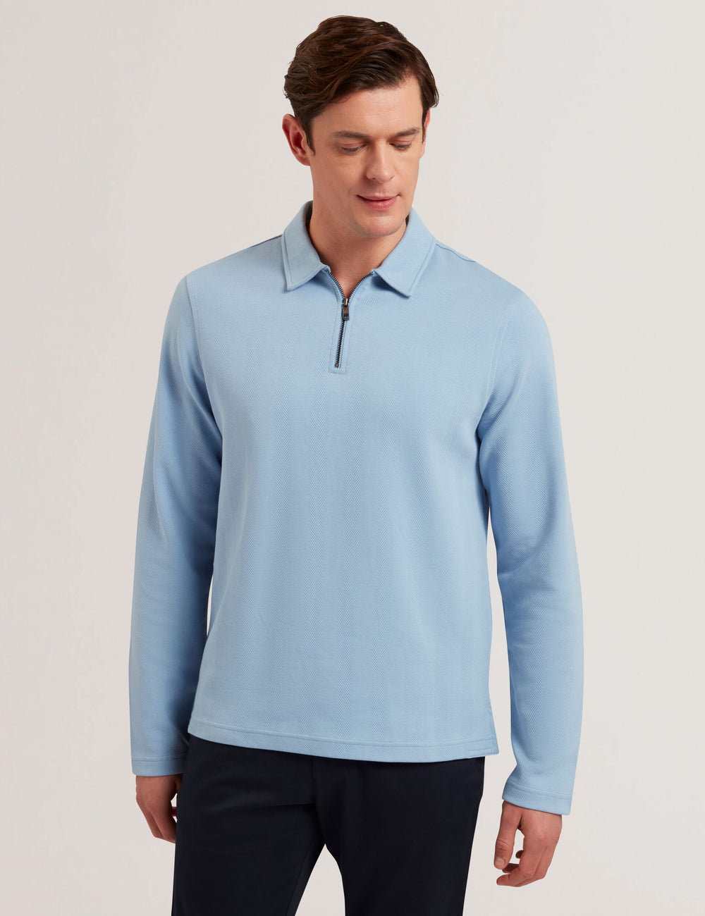 Men KALEND - Herringbone Zip Neck Long Sleeve Polo Shirt - Ted Baker