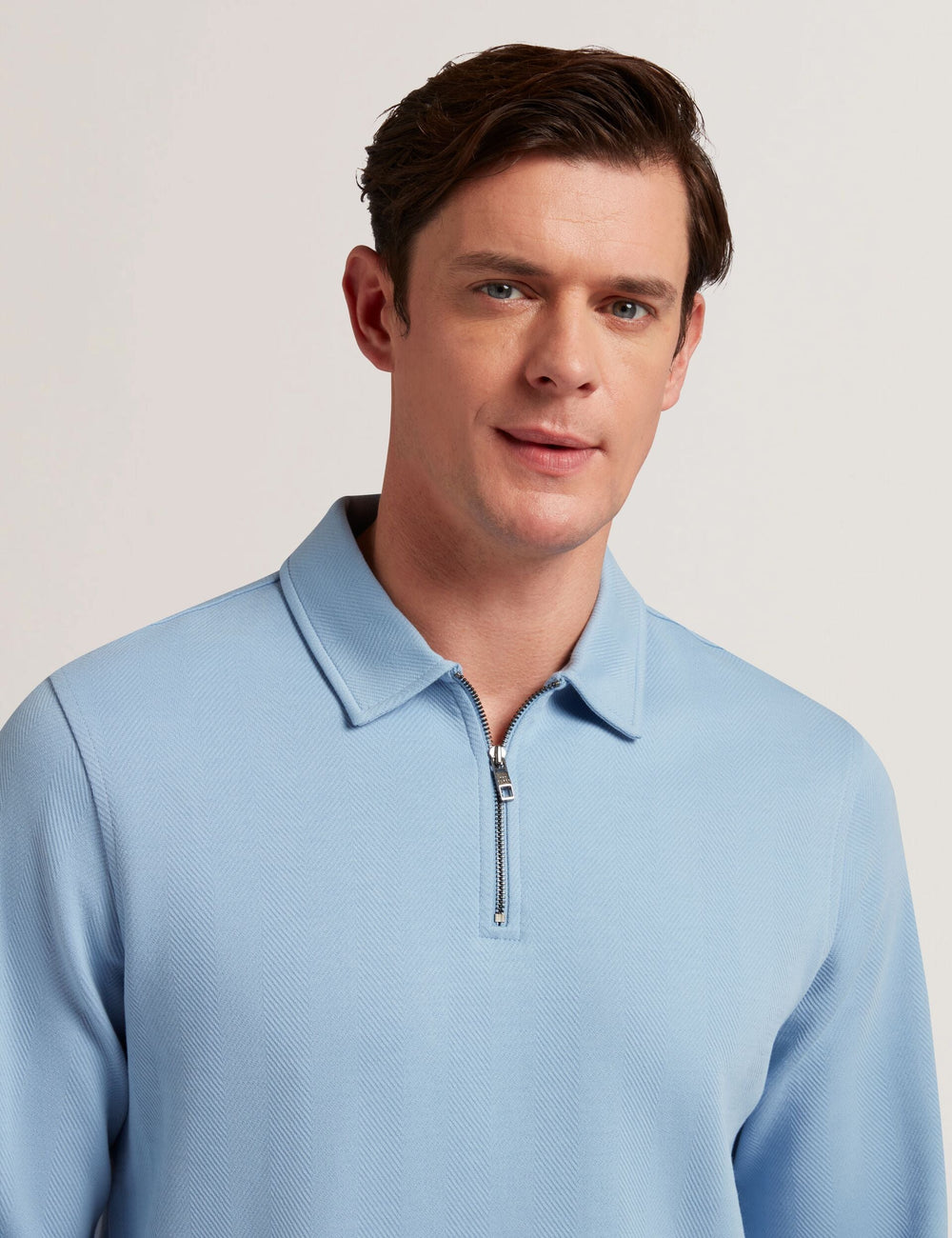 Men KALEND - Herringbone Zip Neck Long Sleeve Polo Shirt - Ted Baker