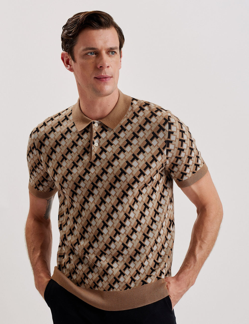 Men SEFERRY - Interlocking T Jacquard Knitted Polo Shirt - Ted Baker