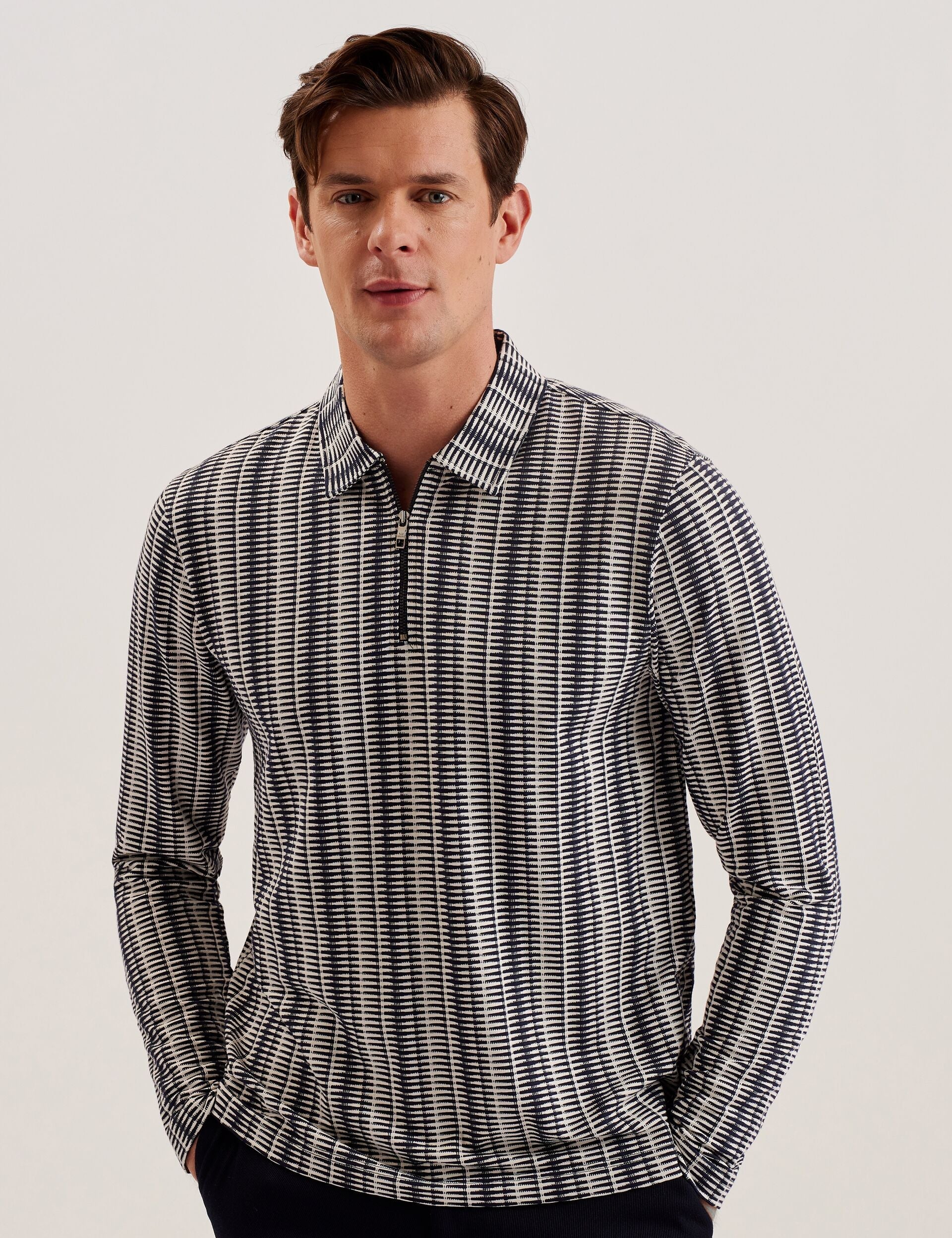 Men CAPUZZO - Long Sleeve Geo Stripe Zip Polo Shirt - Ted Baker