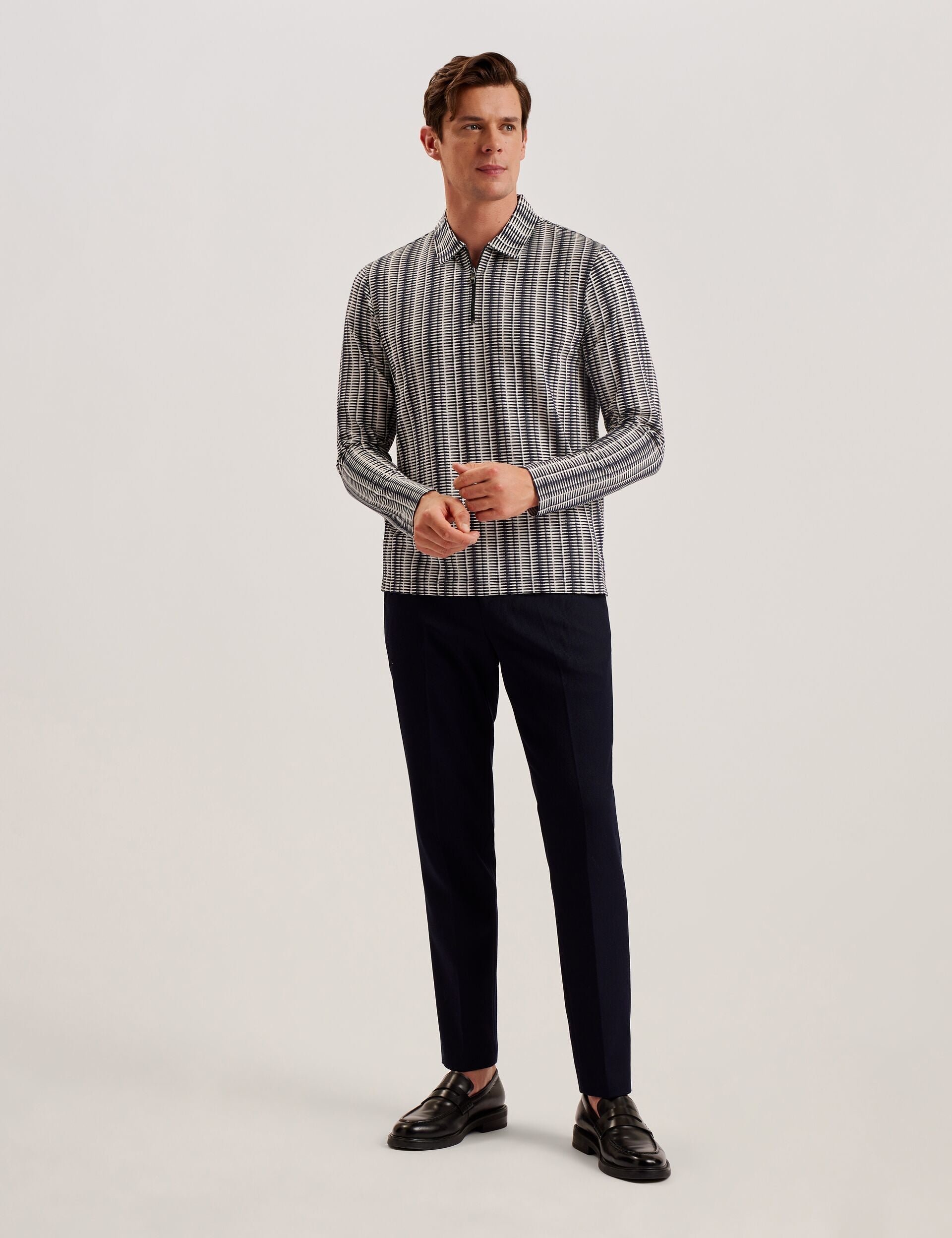 Men CAPUZZO - Long Sleeve Geo Stripe Zip Polo Shirt - Ted Baker