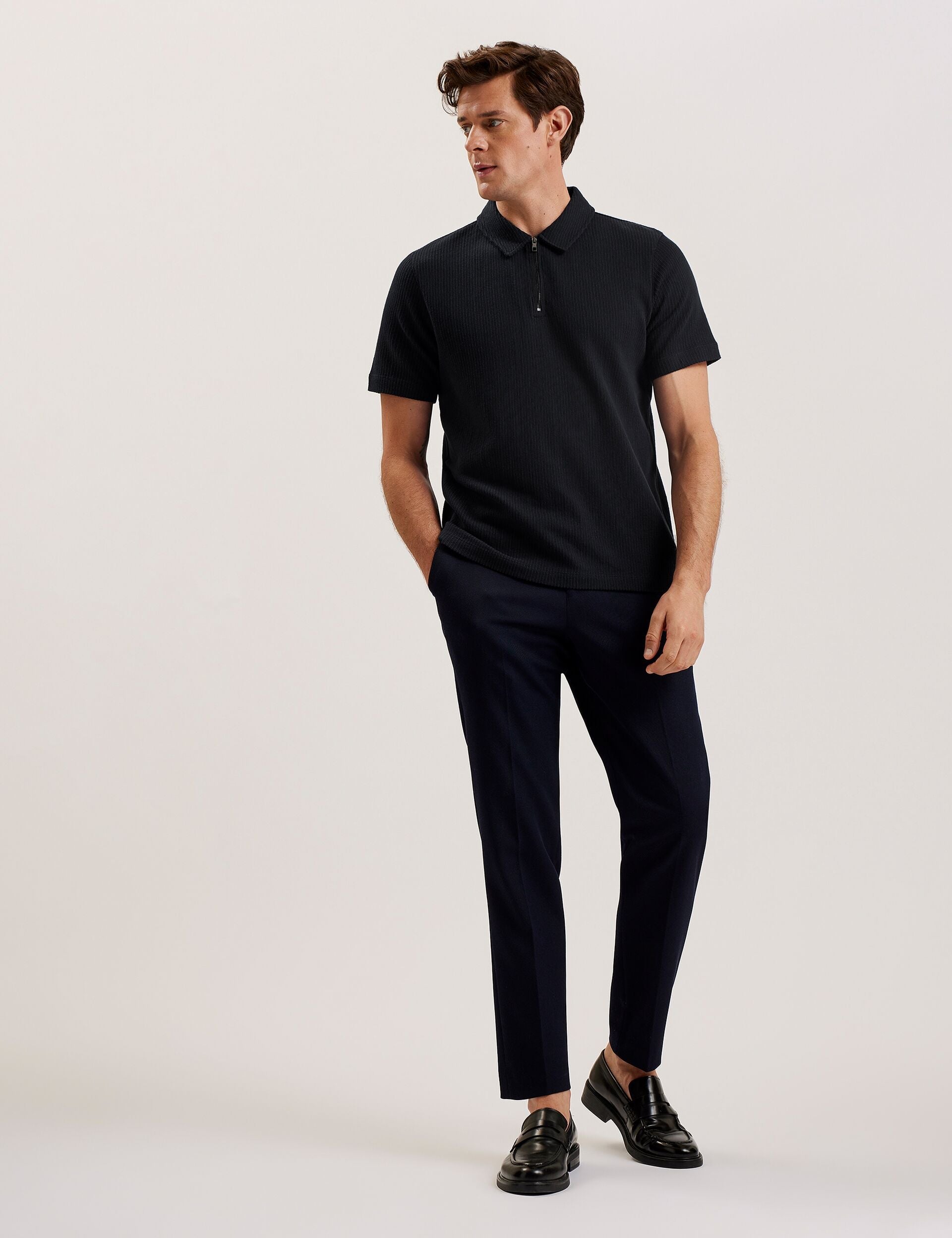 Men ELGRAVE - Ribbed Cotton Zip Neck Polo Shirt - Ted Baker
