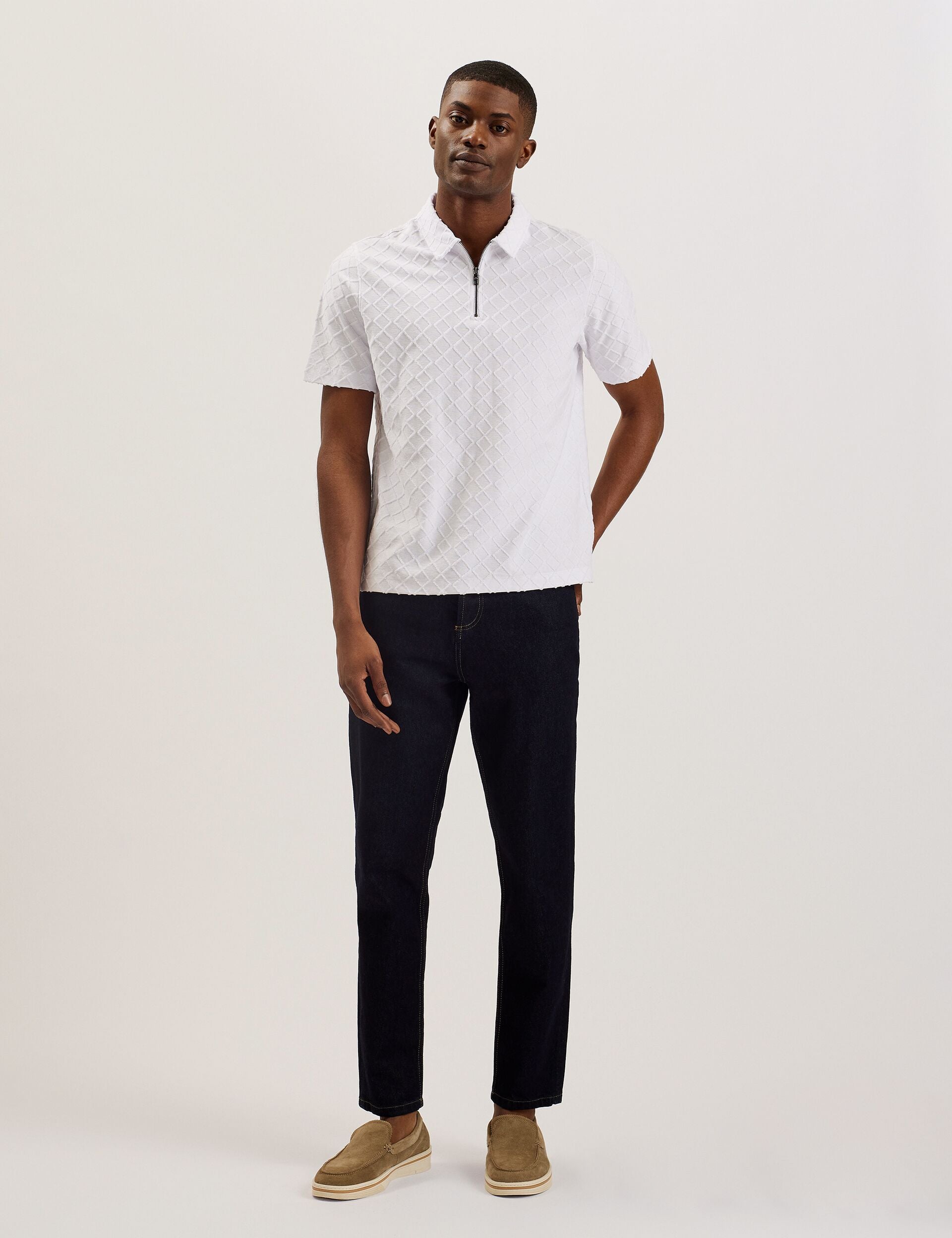 Men ANSOM - SS Reg Textured Towelling Zip Polo - Ted Baker