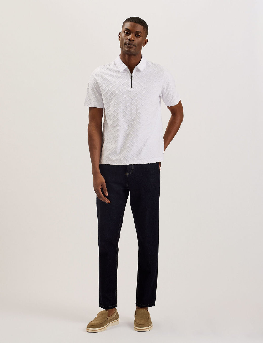 Men ANSOM - SS Reg Textured Towelling Zip Polo - Ted Baker