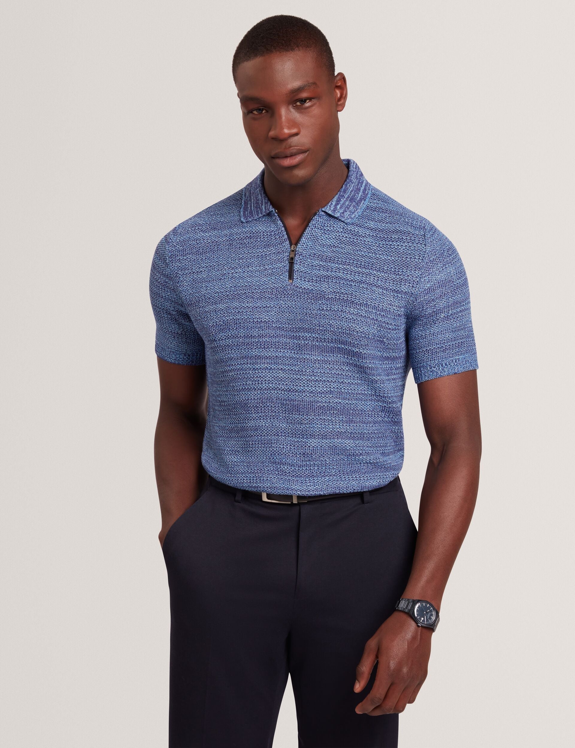 Men BLOSSAM - Space Dye Zip Neck Polo Shirt - Ted Baker