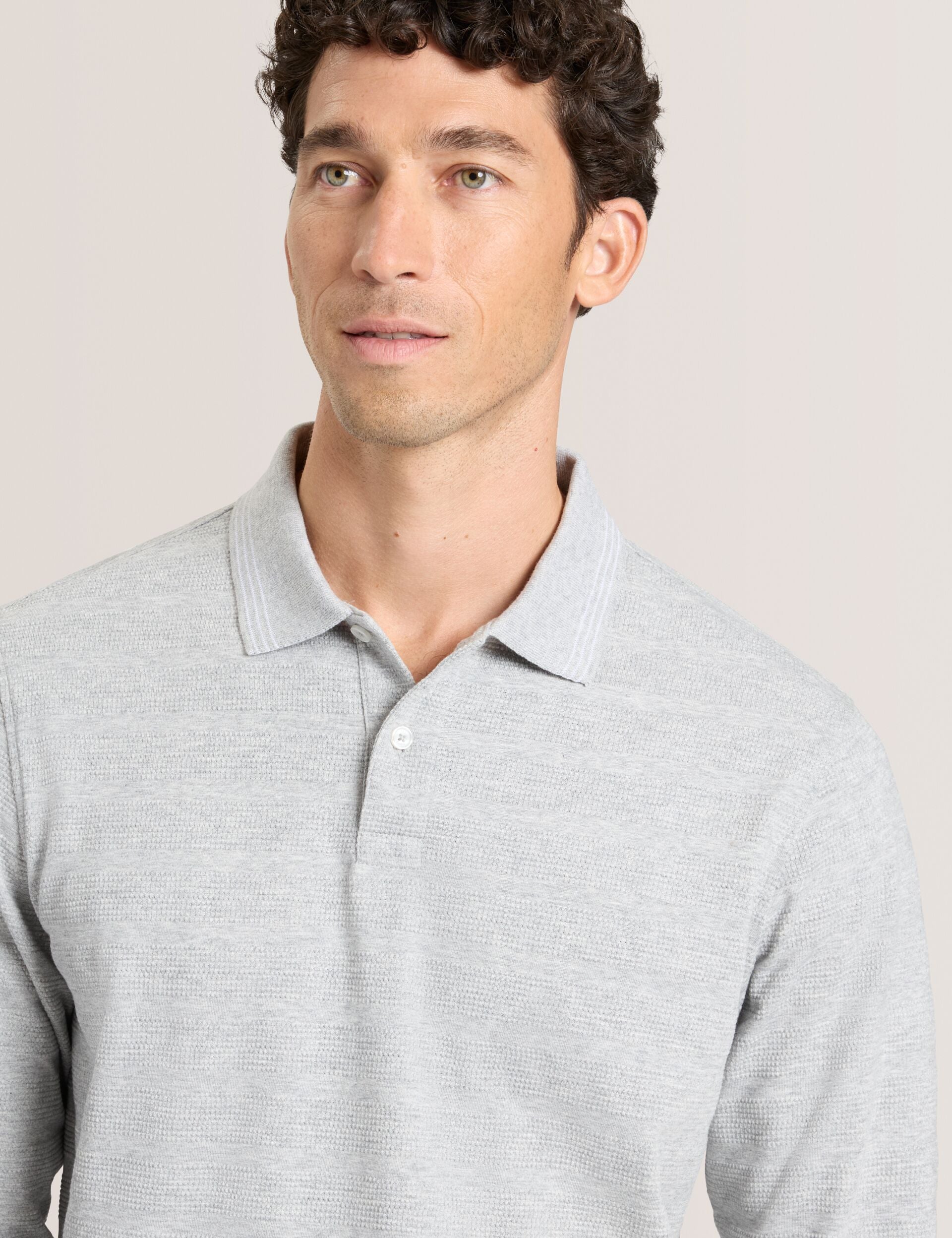 Men|Sale POPCORN STRIPE LONG SLEEVE POLO - Grey Heather - Ted Baker