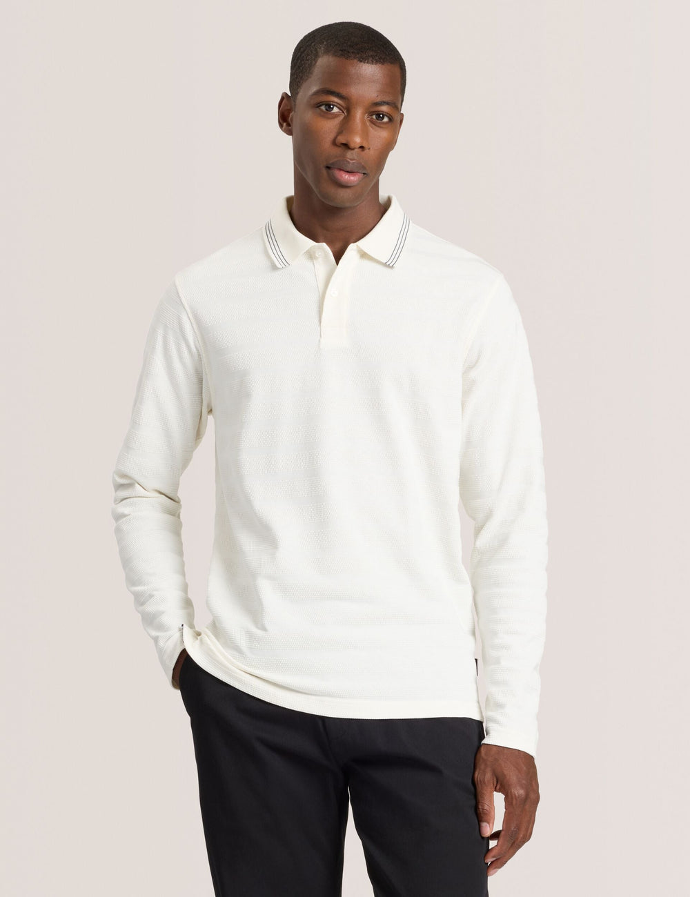 Men|Sale POPCORN STRIPE LONG SLEEVE POLO - Egret - Ted Baker