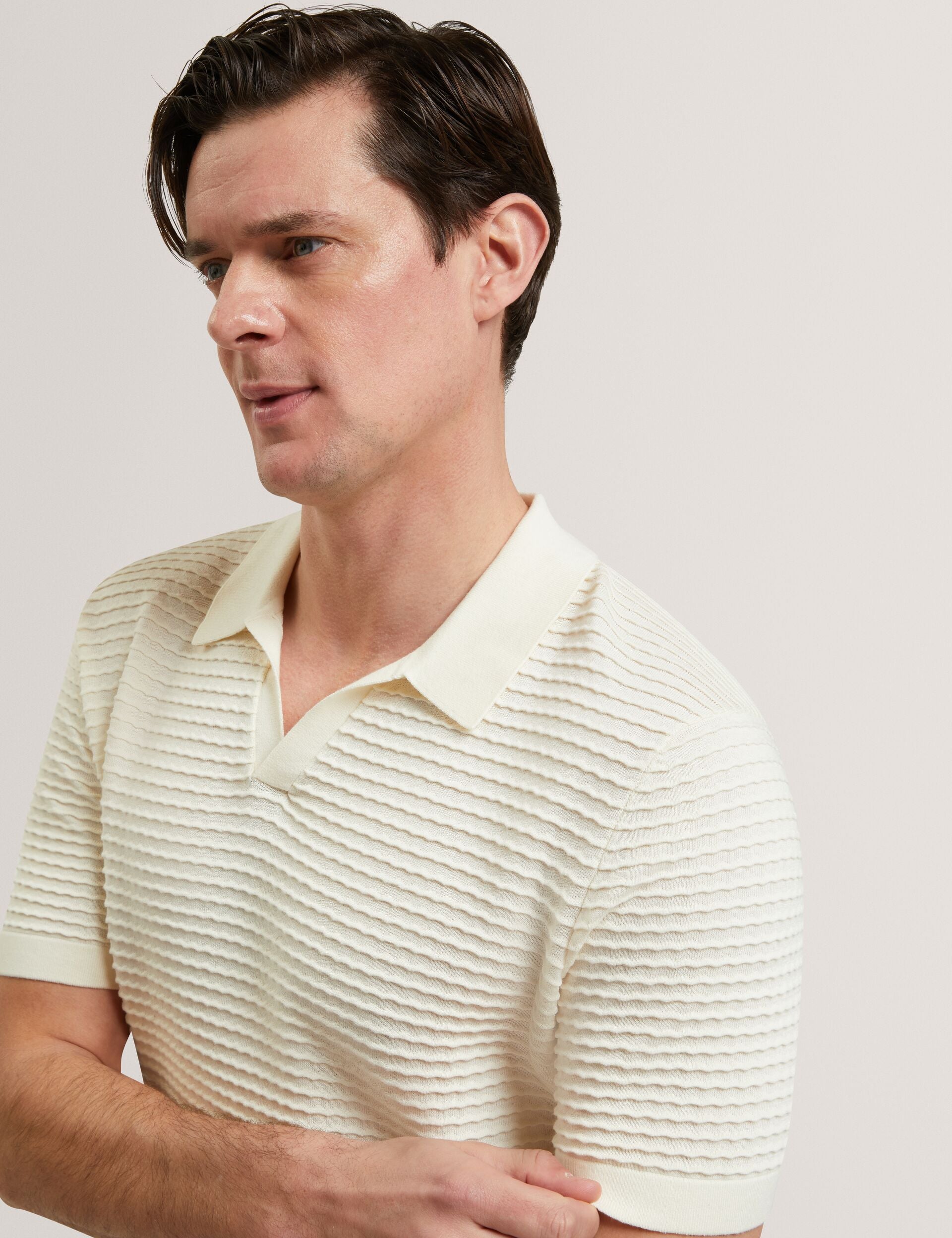 Men BESTEL - Short Sleeve Wavy Stitch Open Neck Polo - Ted Baker