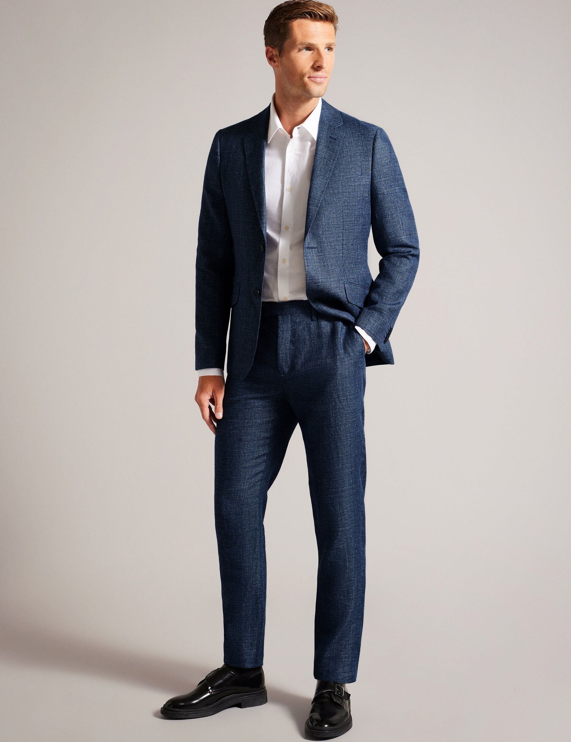 Men SLIM LINEN WOOL TROUSERS - Navy - Ted Baker