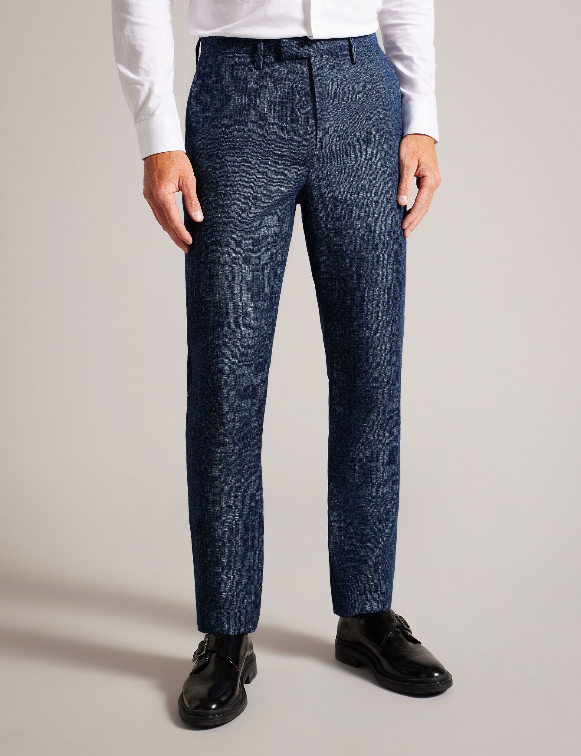 Men SLIM LINEN WOOL TROUSERS - Navy - Ted Baker