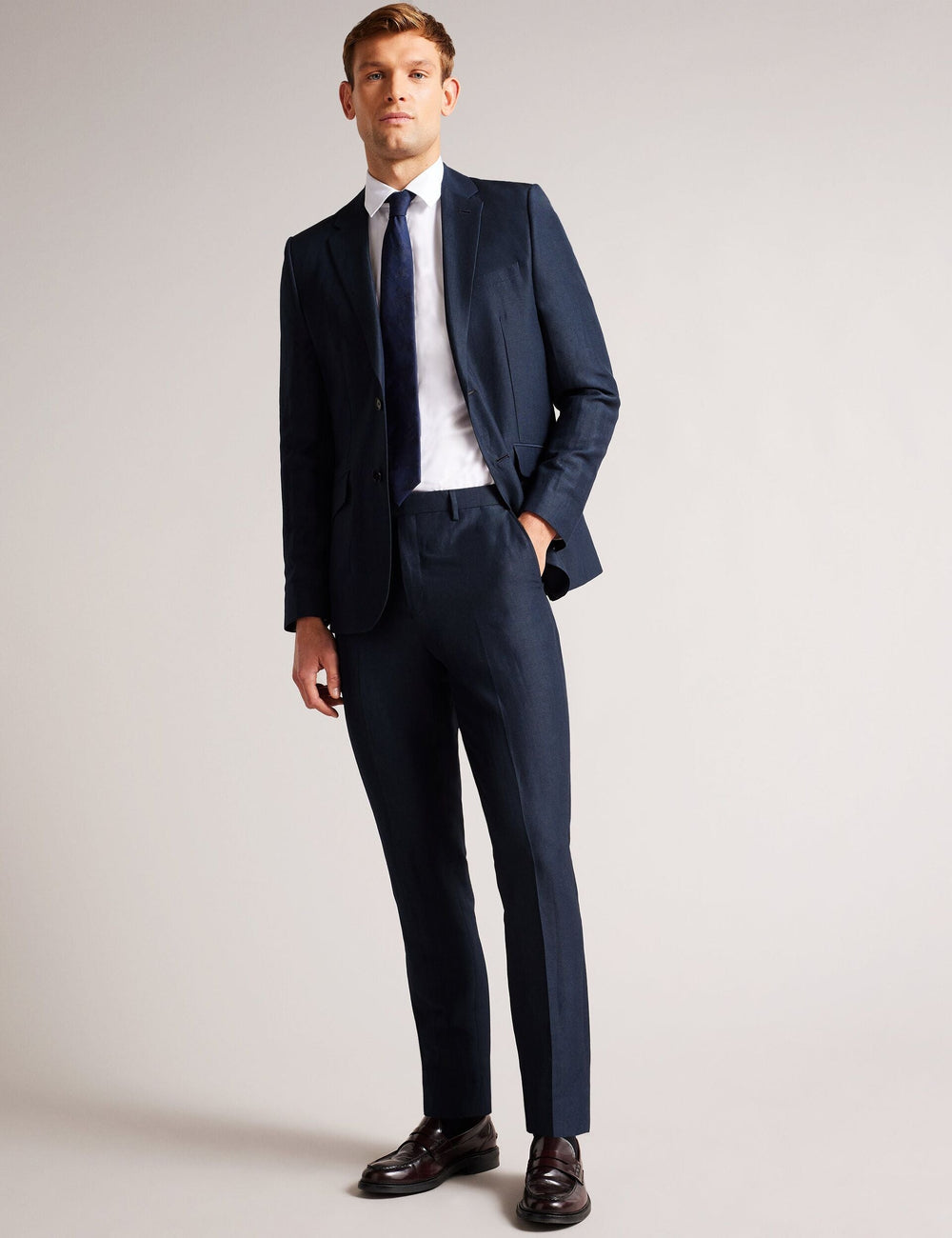 Men SLIM FIT WOOL LINEN TROUSER - Navy - Ted Baker