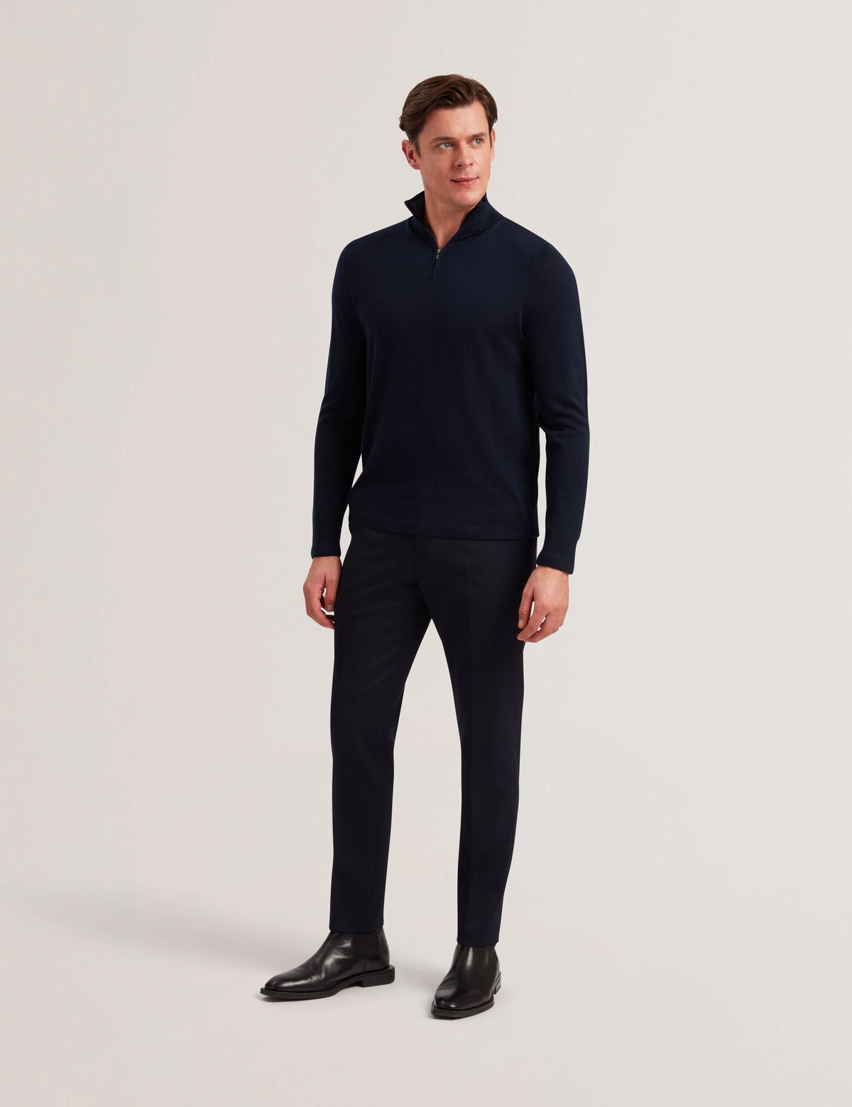 Men LIMEHAS Wool Quarter Zip Funnel Neck Sweater in Navy - Ted Baker