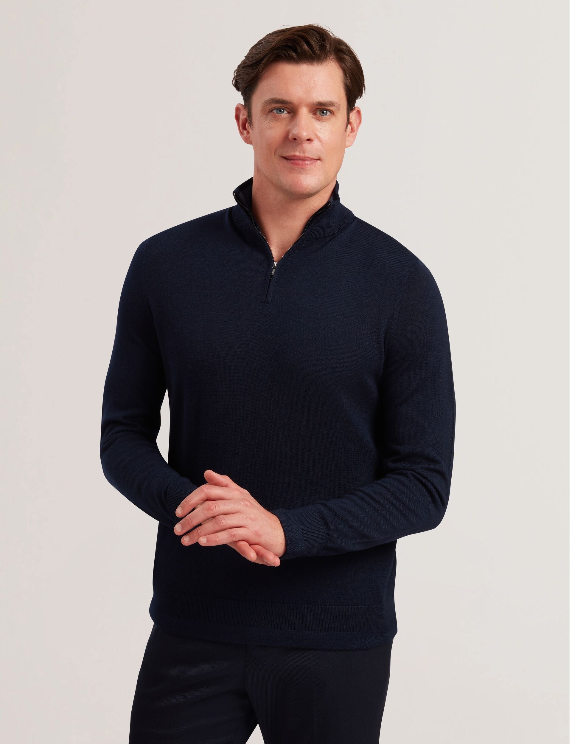 Men LIMEHAS Wool Quarter Zip Funnel Neck Sweater in Navy - Ted Baker