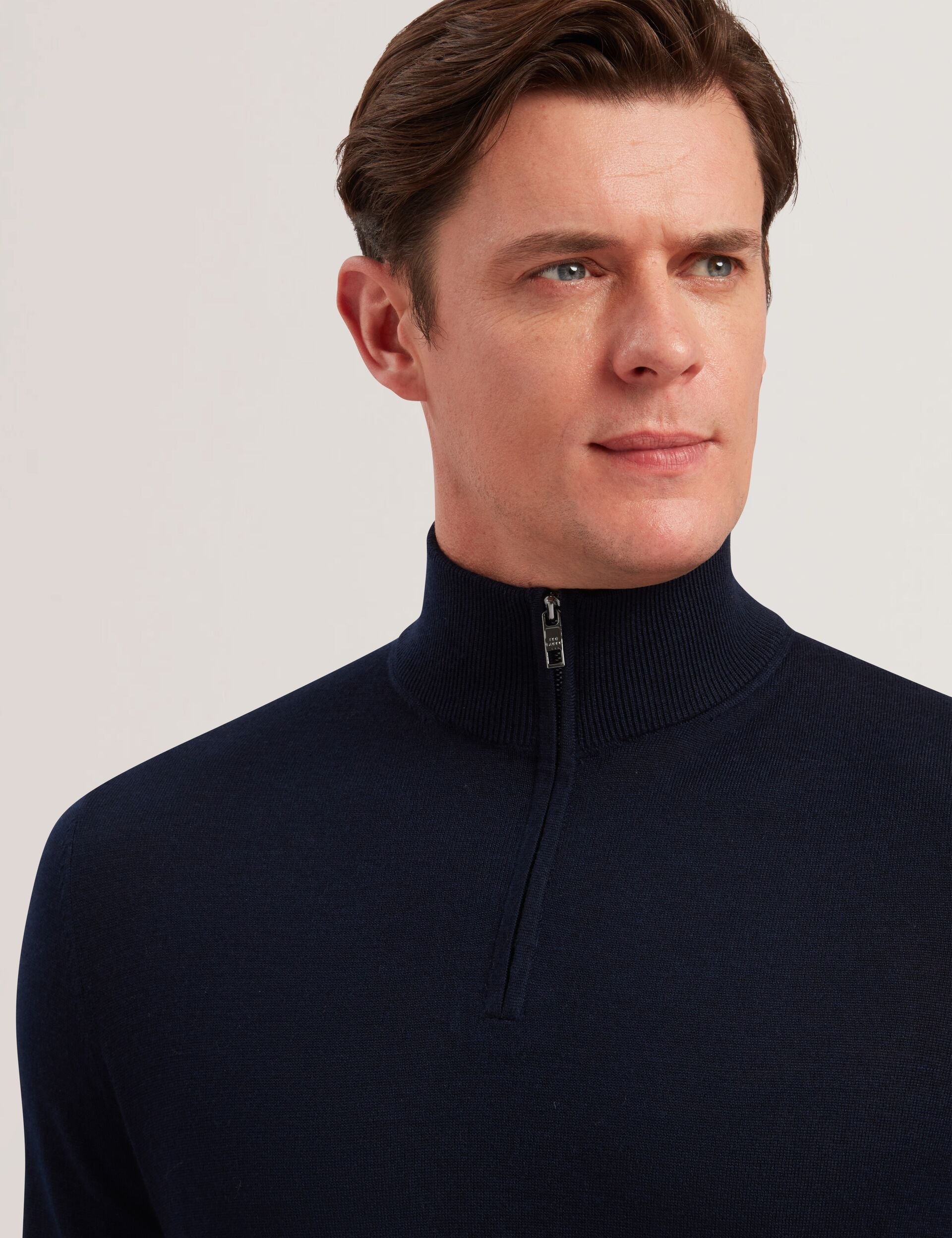 Men LIMEHAS Wool Quarter Zip Funnel Neck Sweater in Navy - Ted Baker