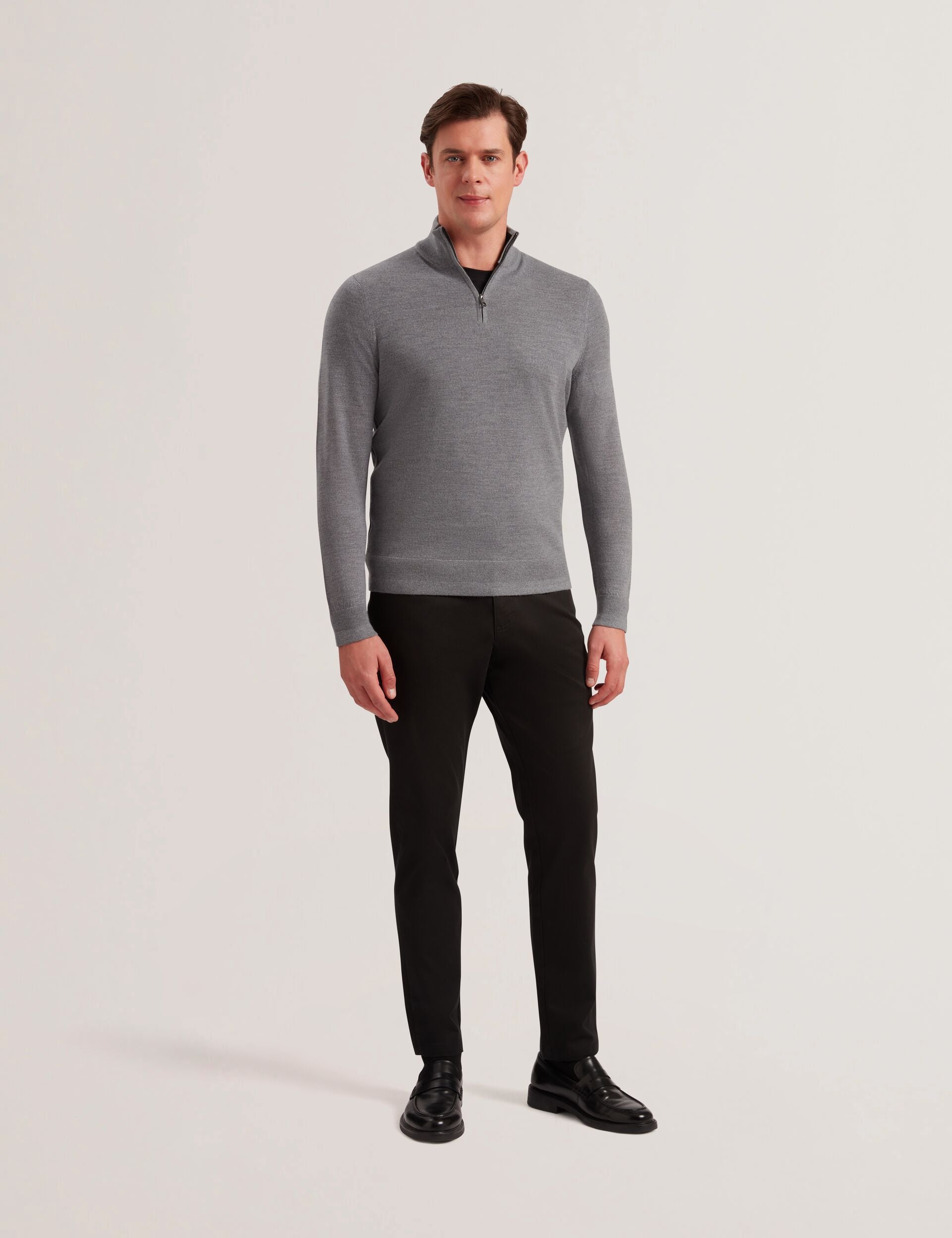 Men LIMEHAS Wool Quarter Zip Funnel Neck Sweater in Charcoal - Ted Baker