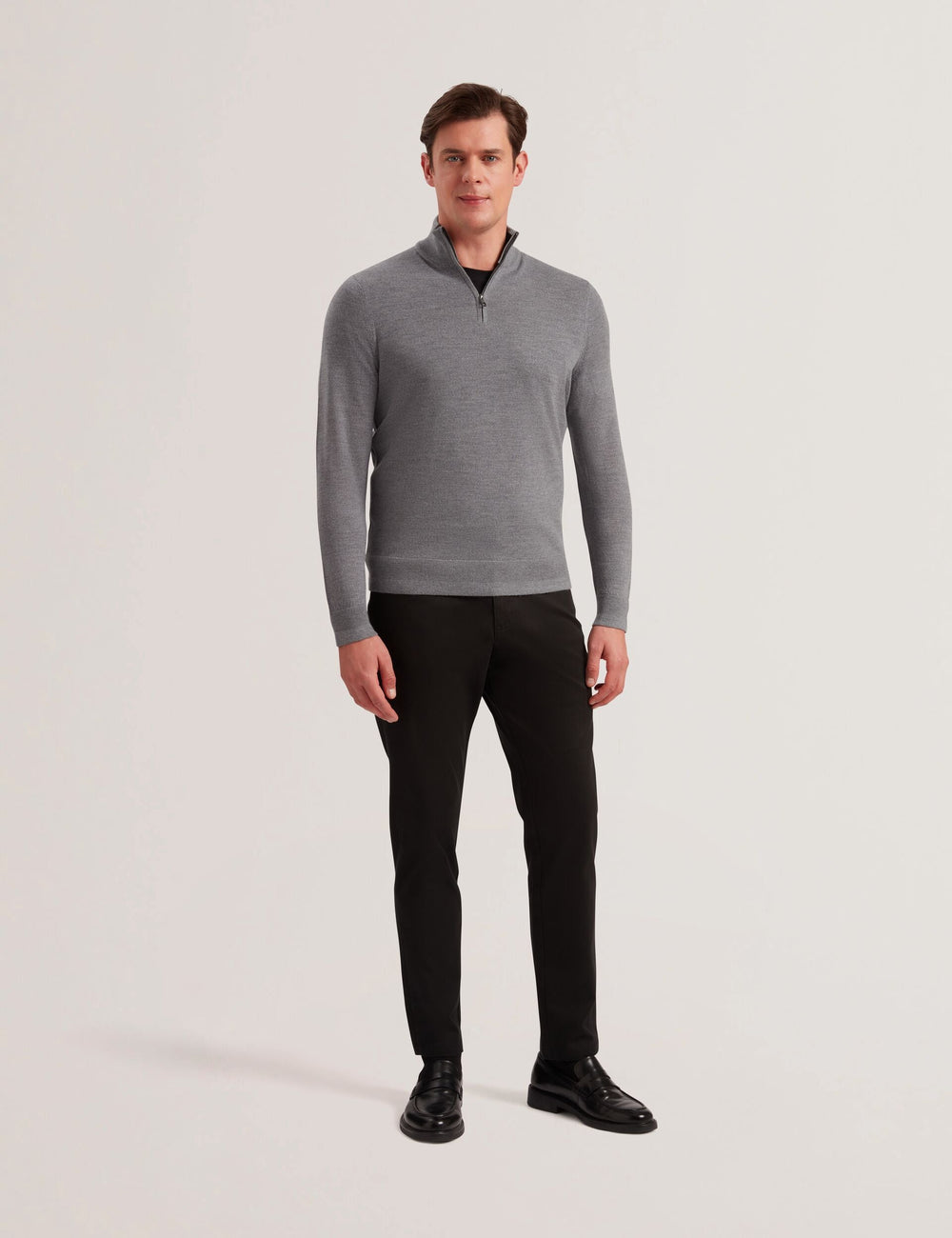 Men LIMEHAS Wool Quarter Zip Funnel Neck Sweater in Charcoal - Ted Baker