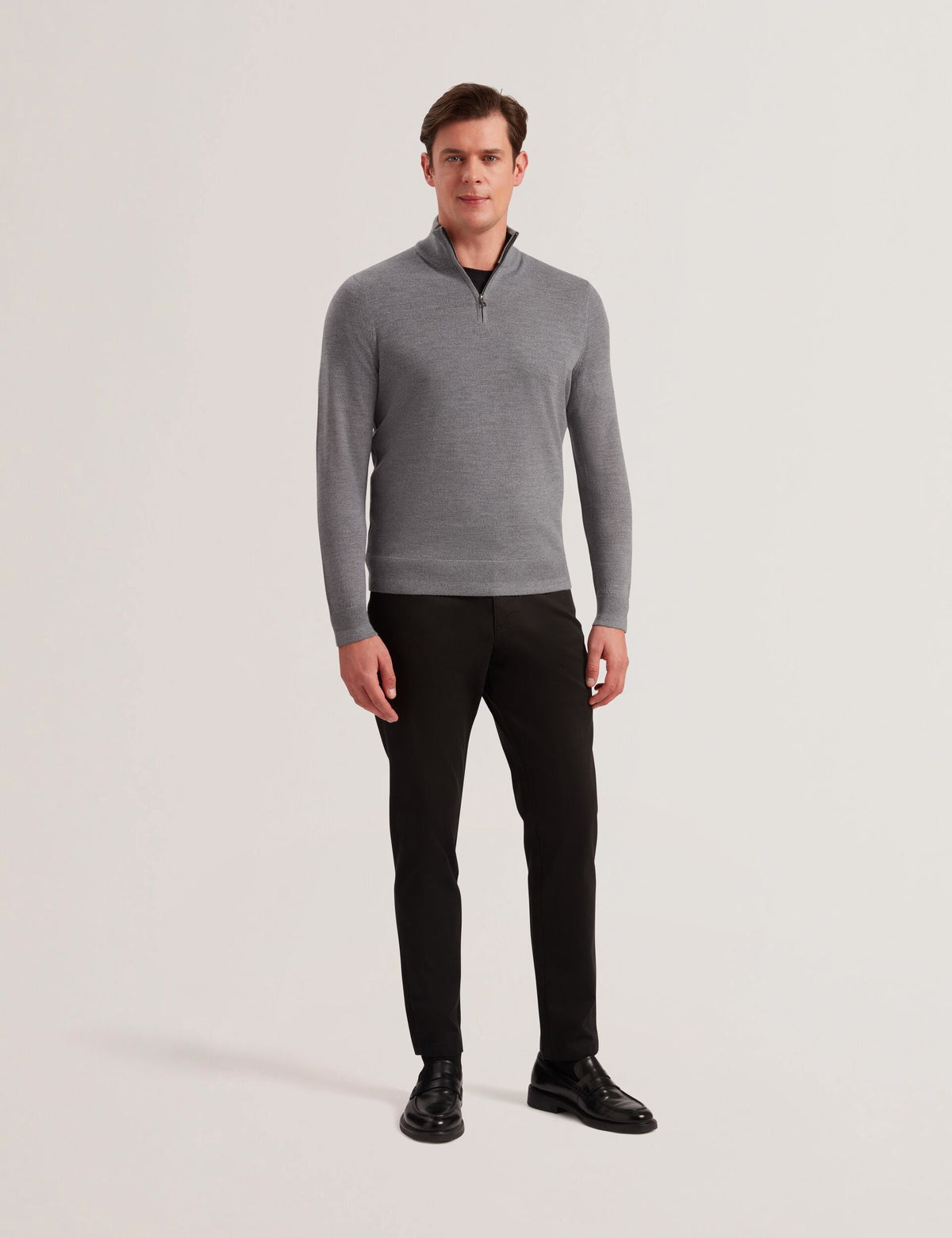 Men LIMEHAS Wool Quarter Zip Funnel Neck Sweater in Charcoal - Ted Baker