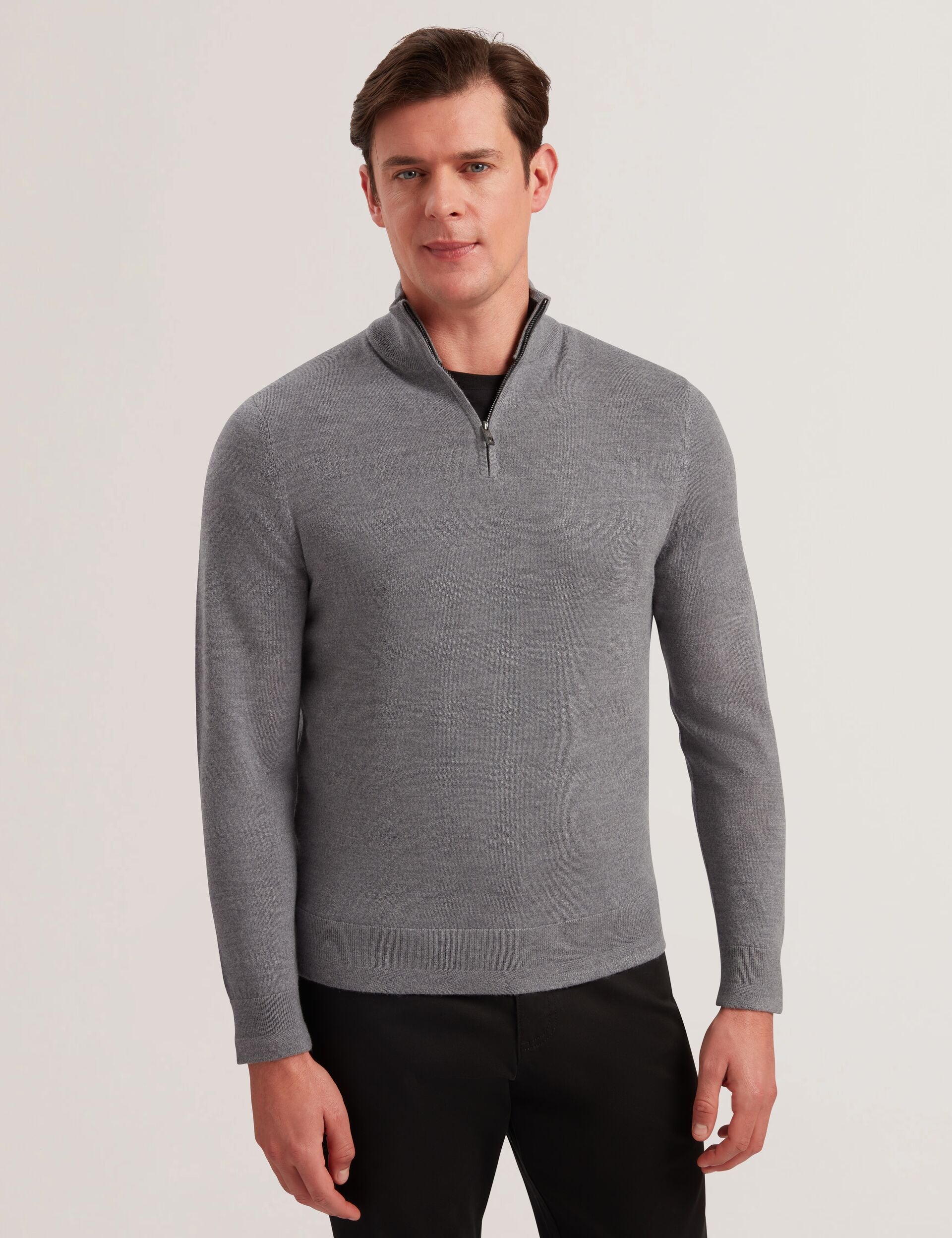 Men LIMEHAS Wool Quarter Zip Funnel Neck Sweater in Charcoal - Ted Baker