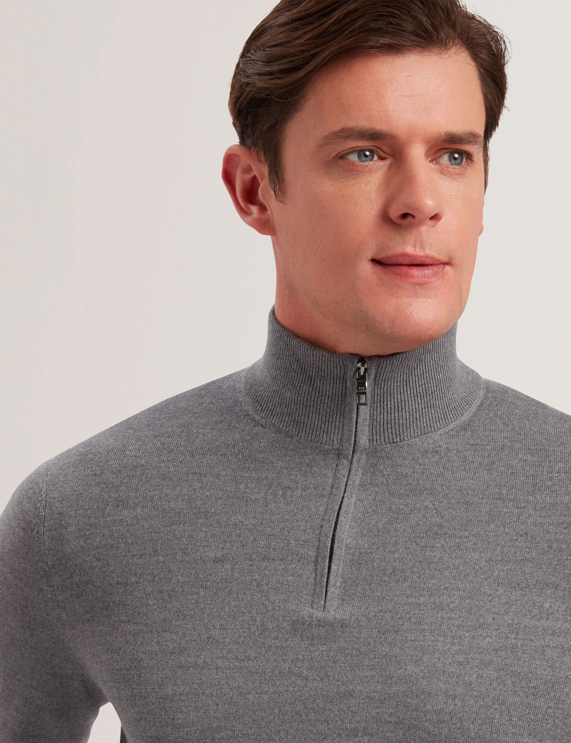 Men LIMEHAS Wool Quarter Zip Funnel Neck Sweater in Charcoal - Ted Baker