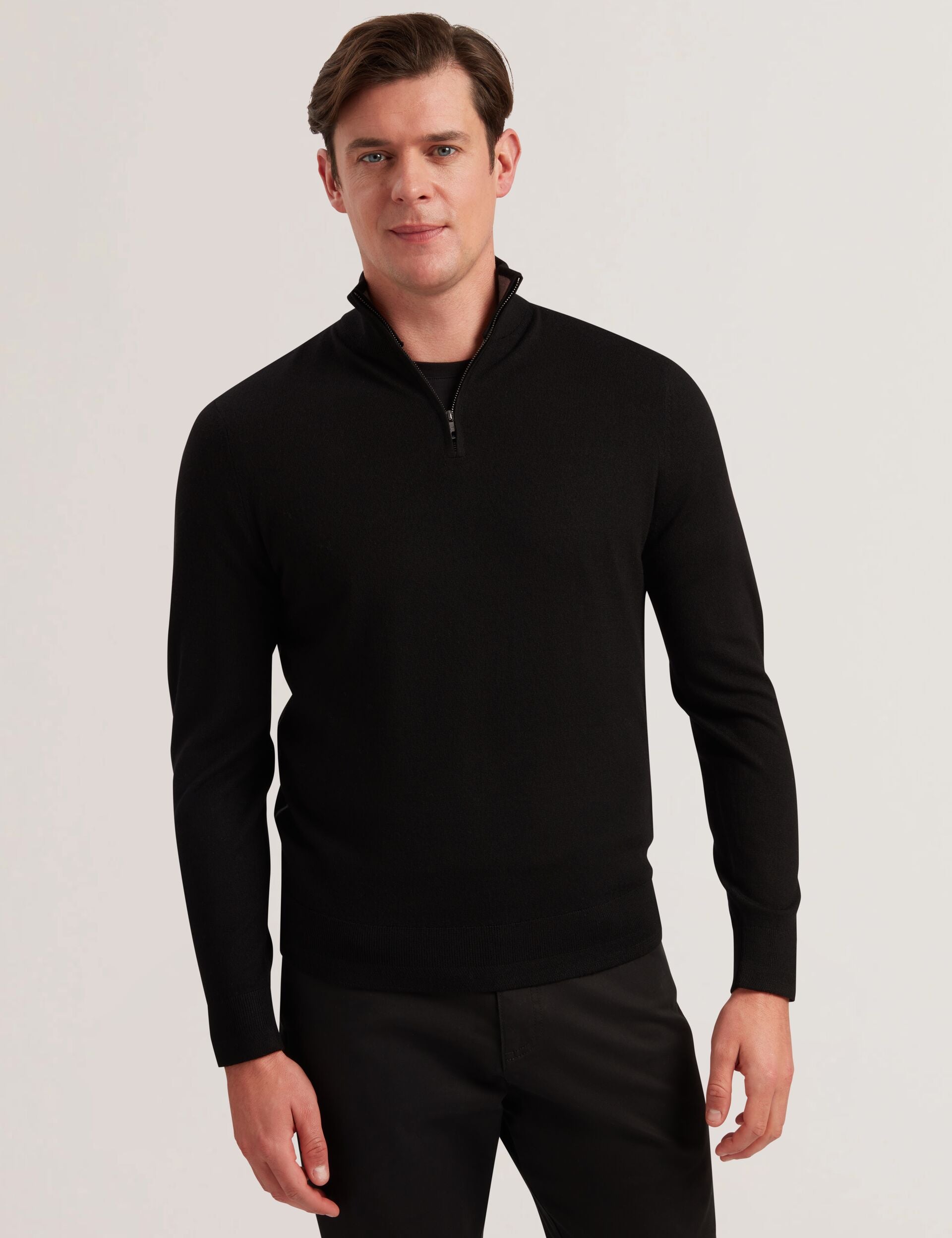 Men LIMEHAS Wool Quarter Zip Funnel Neck Sweater in Black - Ted Baker